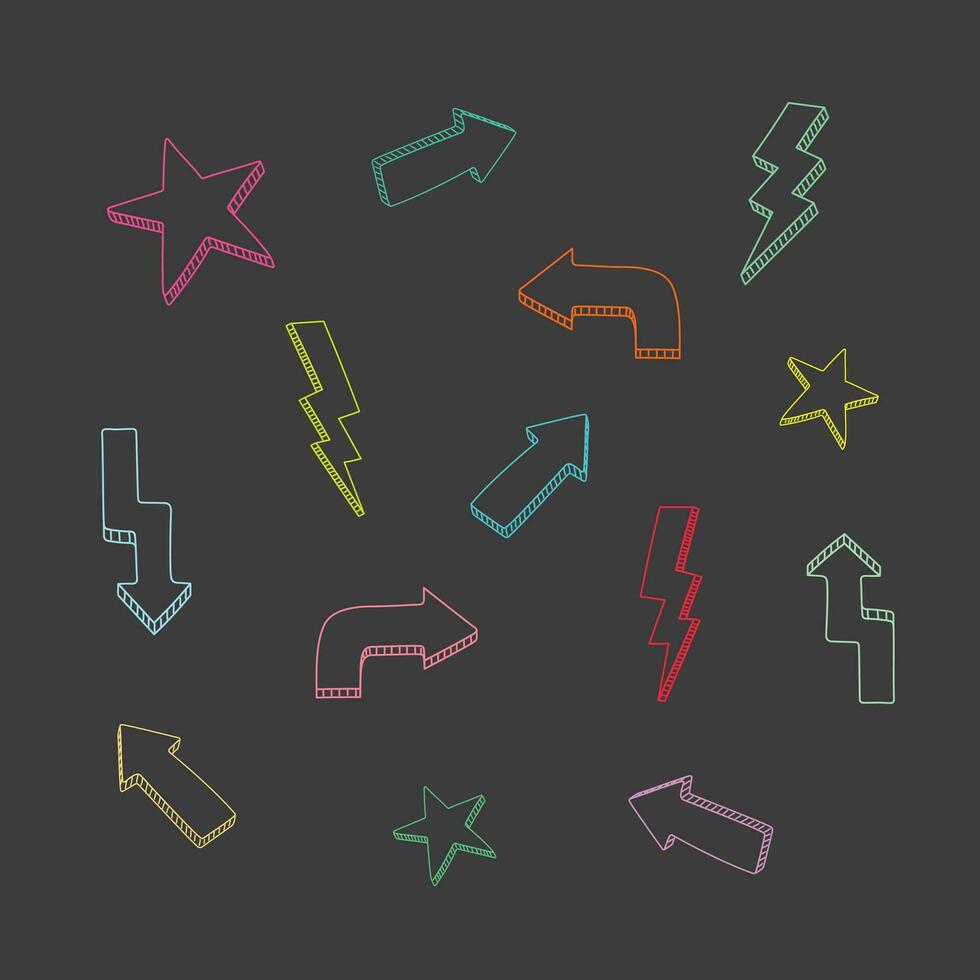 Colorful star, arrow, lightning icons set flat vector isolated on black background. Hand drawn simple icons set