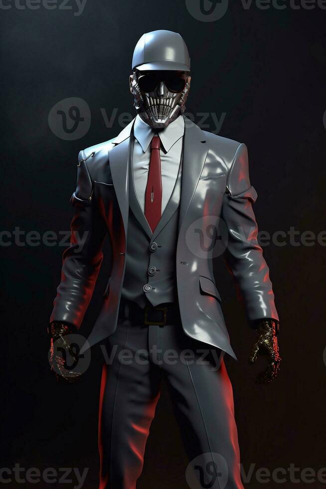 Futuristic man in a suit and mask front view on a black background Generative AI photo