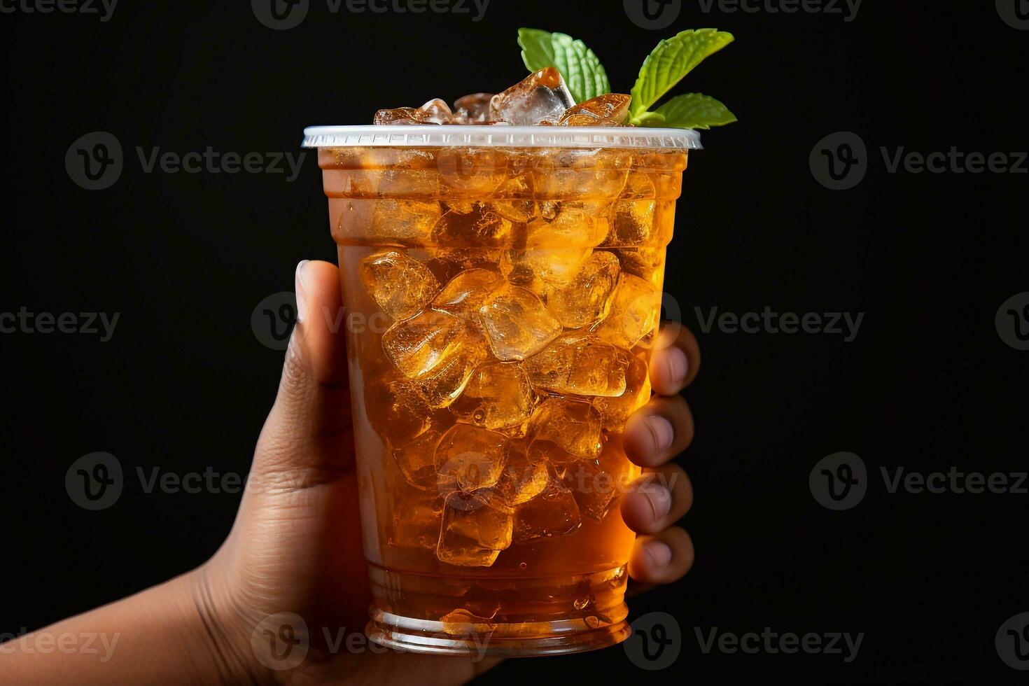 hand holding a glass of cola with ice cubes and lemon slice for sipping Generative AI photo