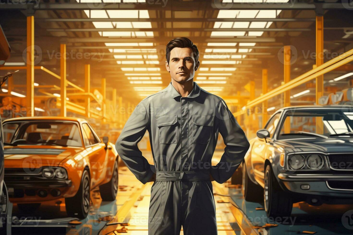 Portrait of a handsome young Caucasian man in coveralls standing with his hands on his waist and looking at the camera in a garage. Generative AI photo