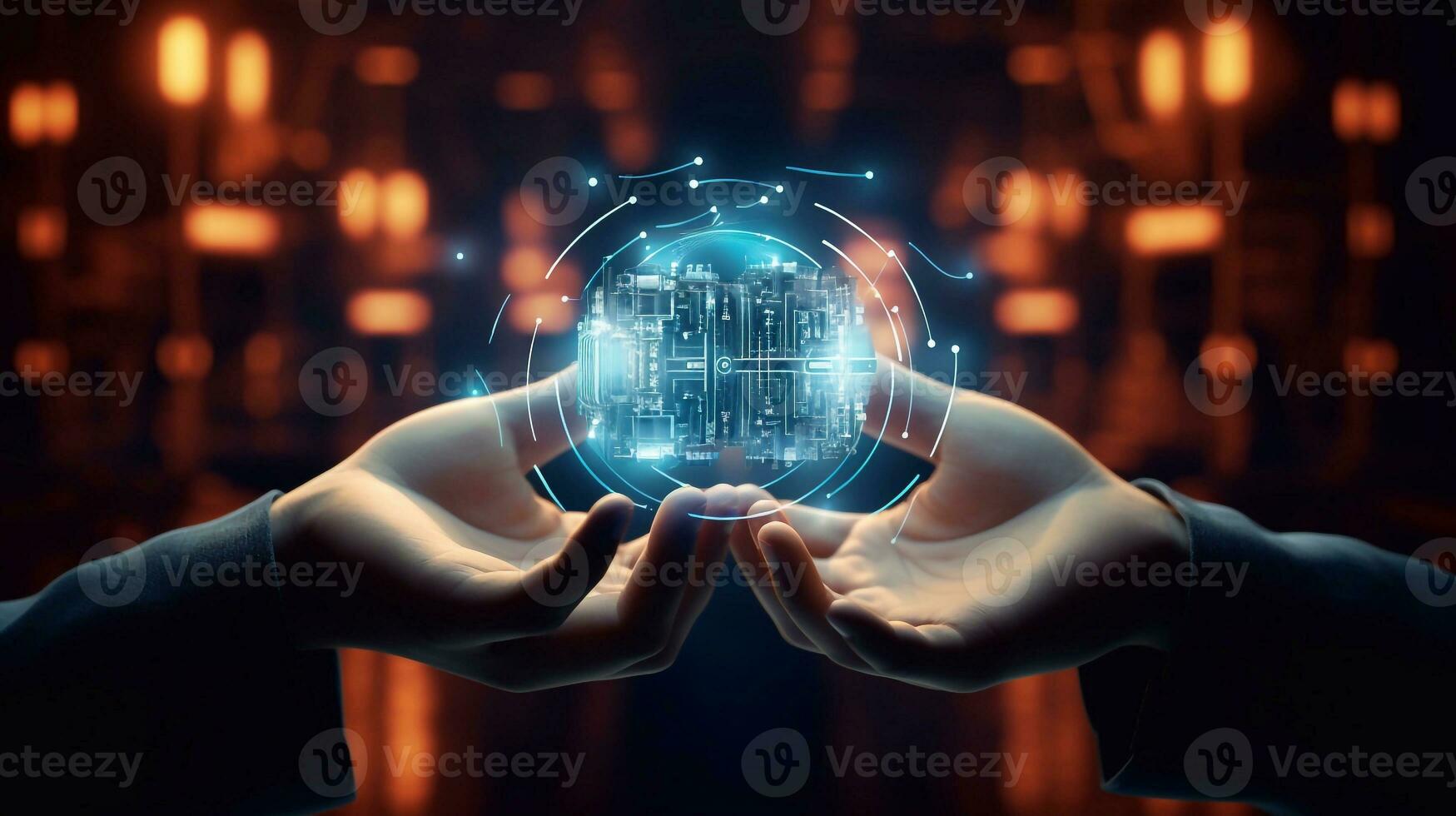 Close up of human hands on dark background holding hologram projection. 3D rendering Generative AI photo