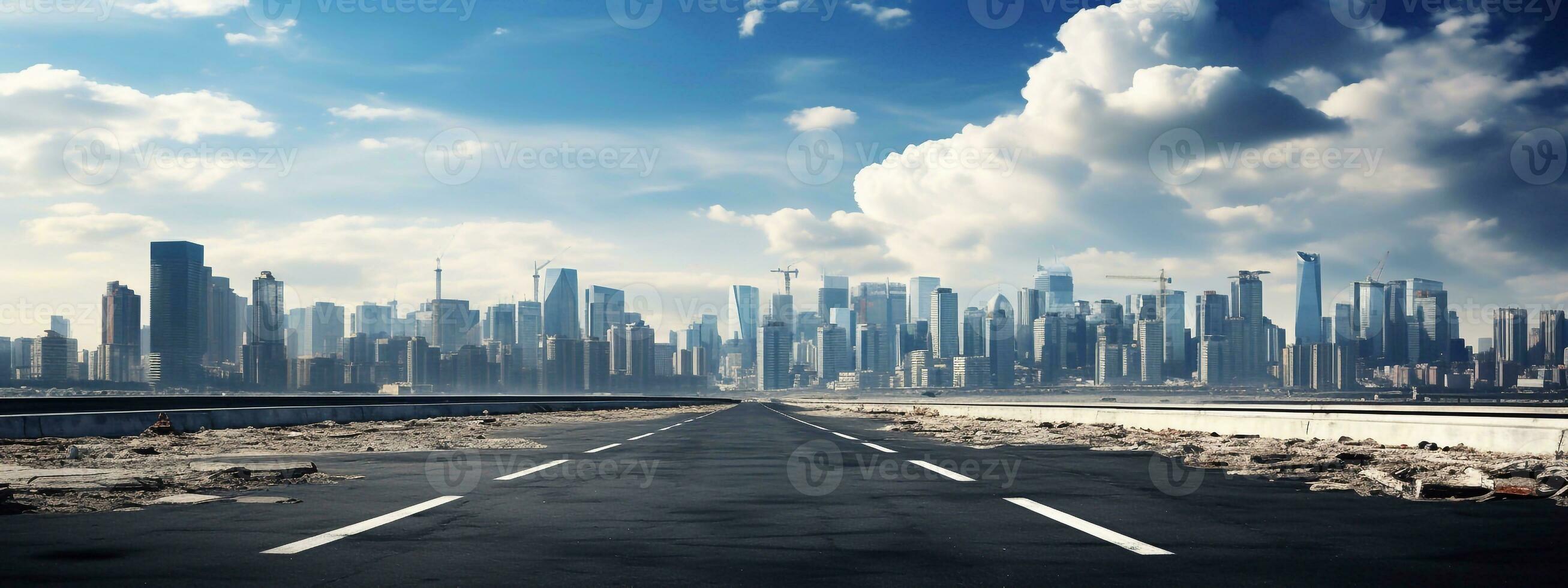 un imagen de vacío asfalto la carretera y moderno ciudad horizonte panorama en llevar a la fuerza generativo ai foto