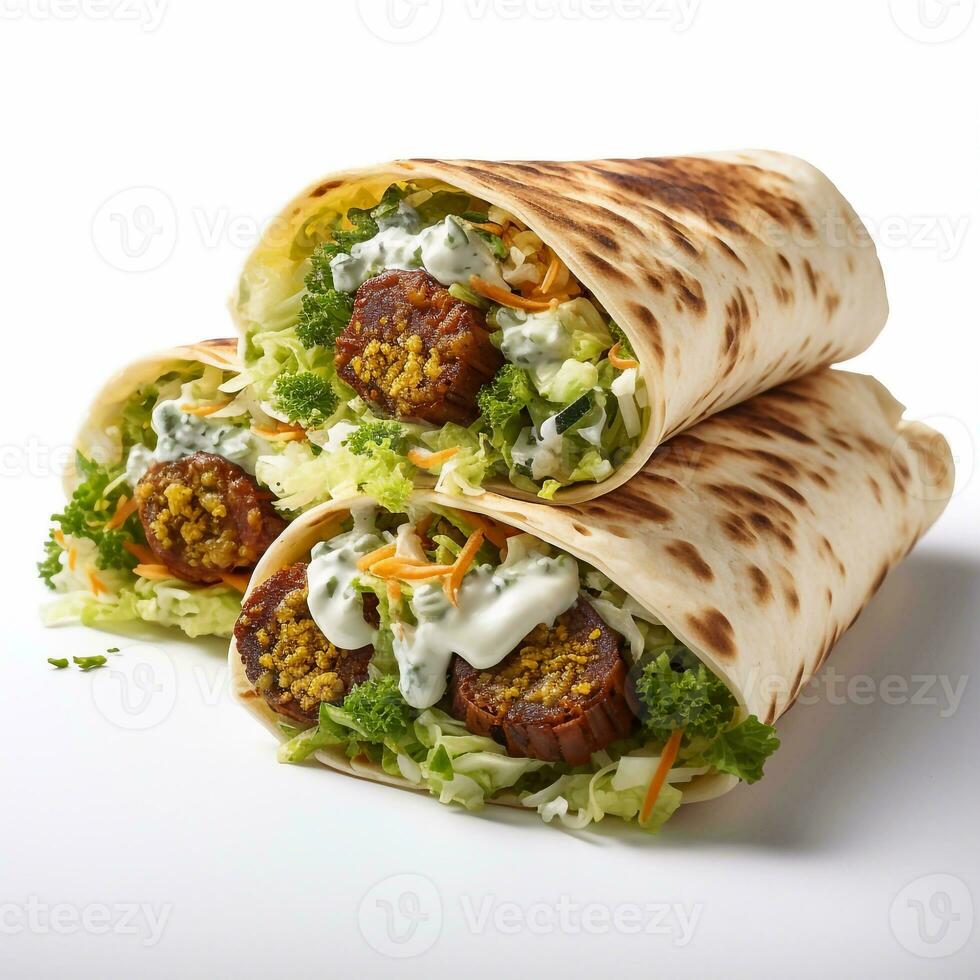 un foto de tortilla envolver con falafel y vegetales en blanco antecedentes generativo ai