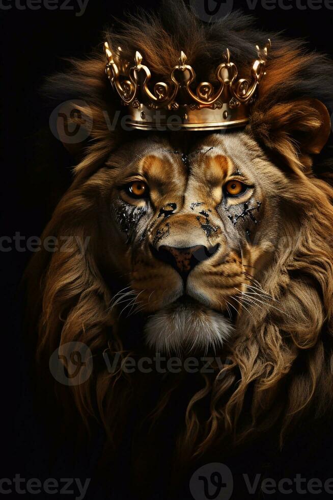 Aggressive Lion king with golden crown on black background. Fantasy illustration. Generative AI photo