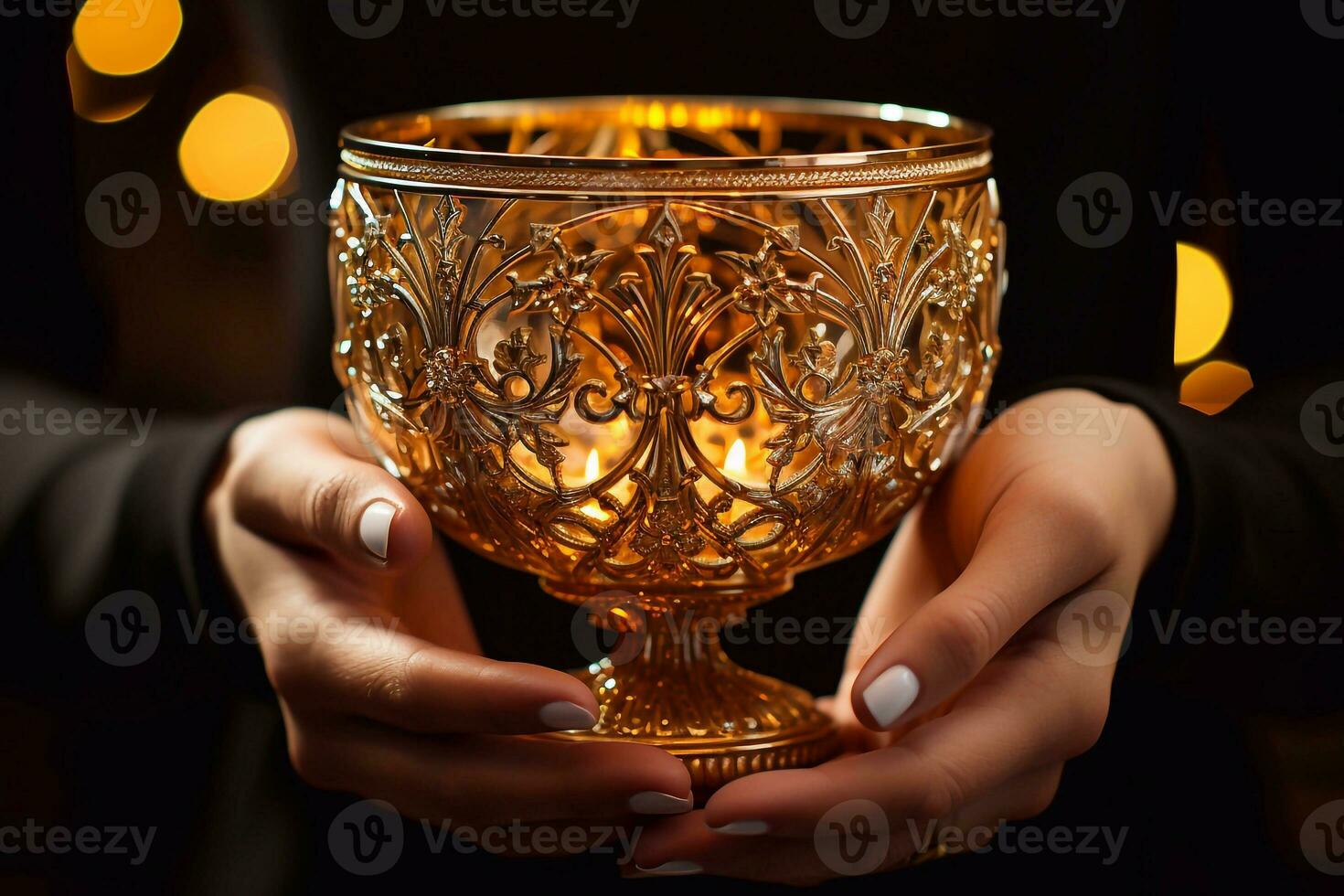 Close up of female hands holding a golden candlestick in the dark Generative ai photo