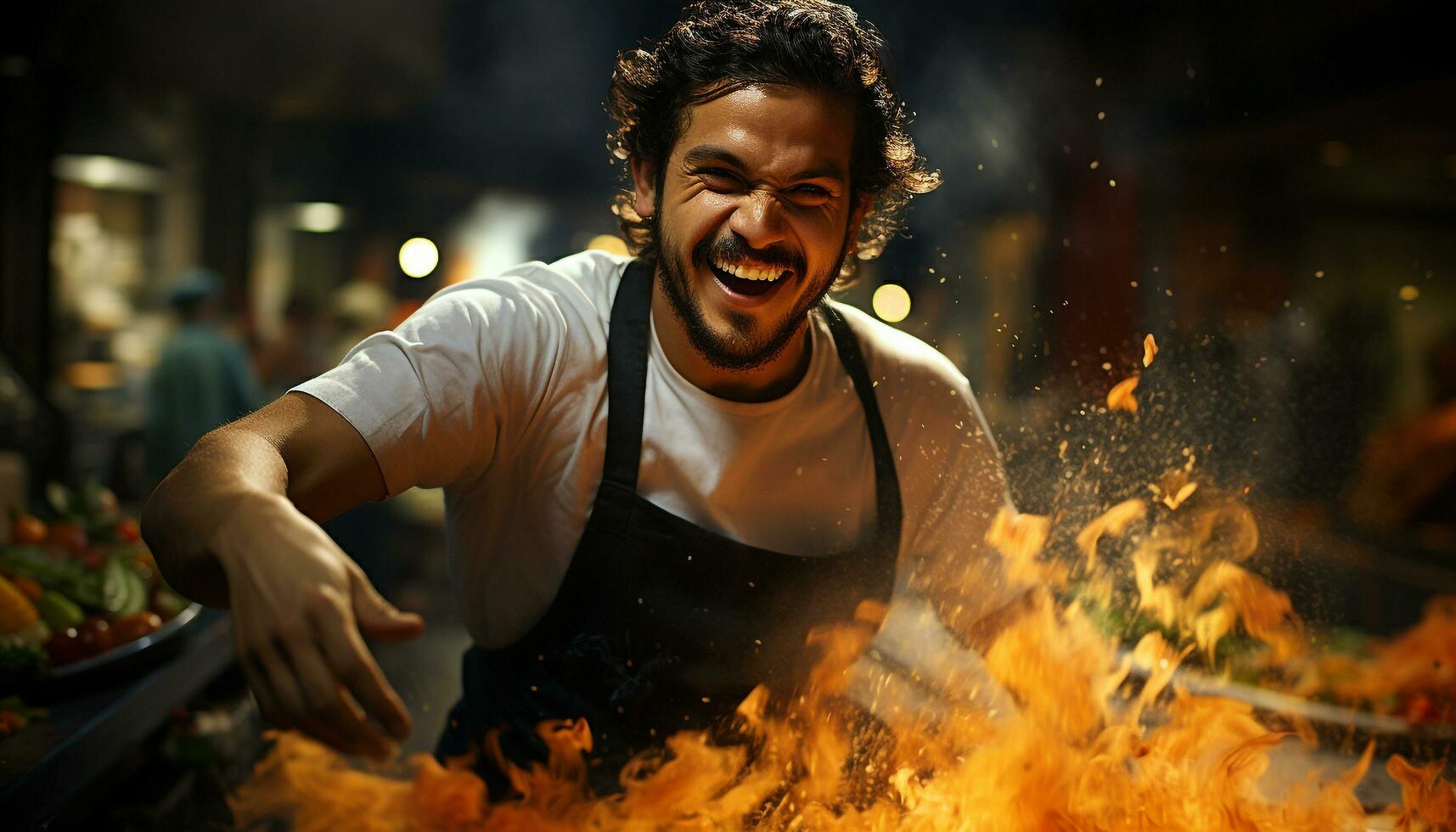 A joyful man cooking indoors, smiling with confidence, enjoying nature generated by AI photo