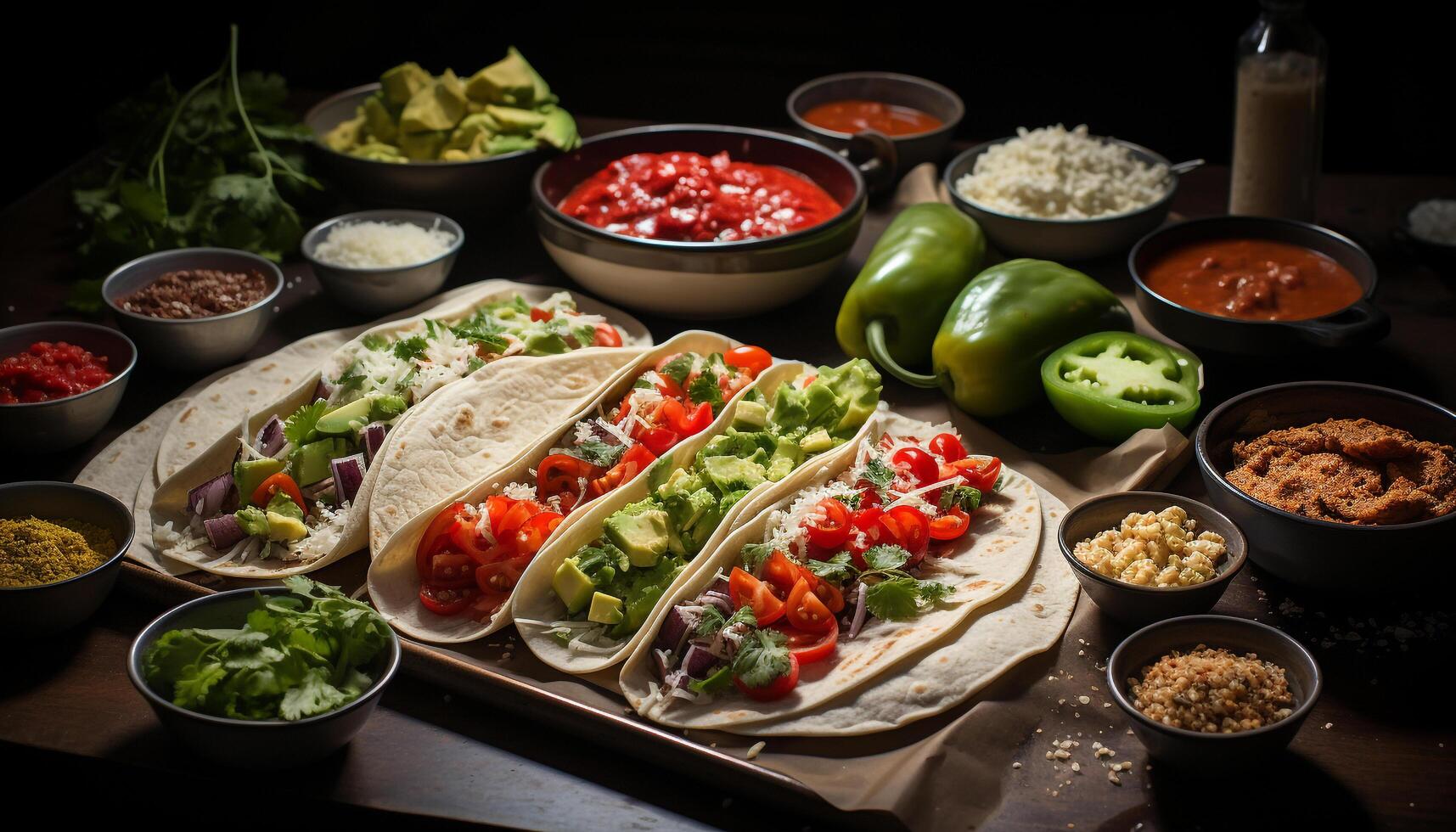 Freshness and spice in a homemade Mexican meal on a wooden table generated by AI photo