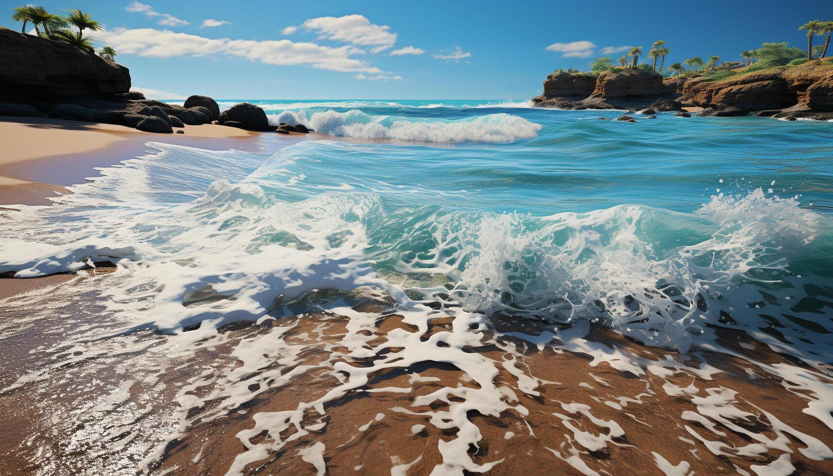 A tranquil scene of a sunset over a rocky coastline generated by AI photo
