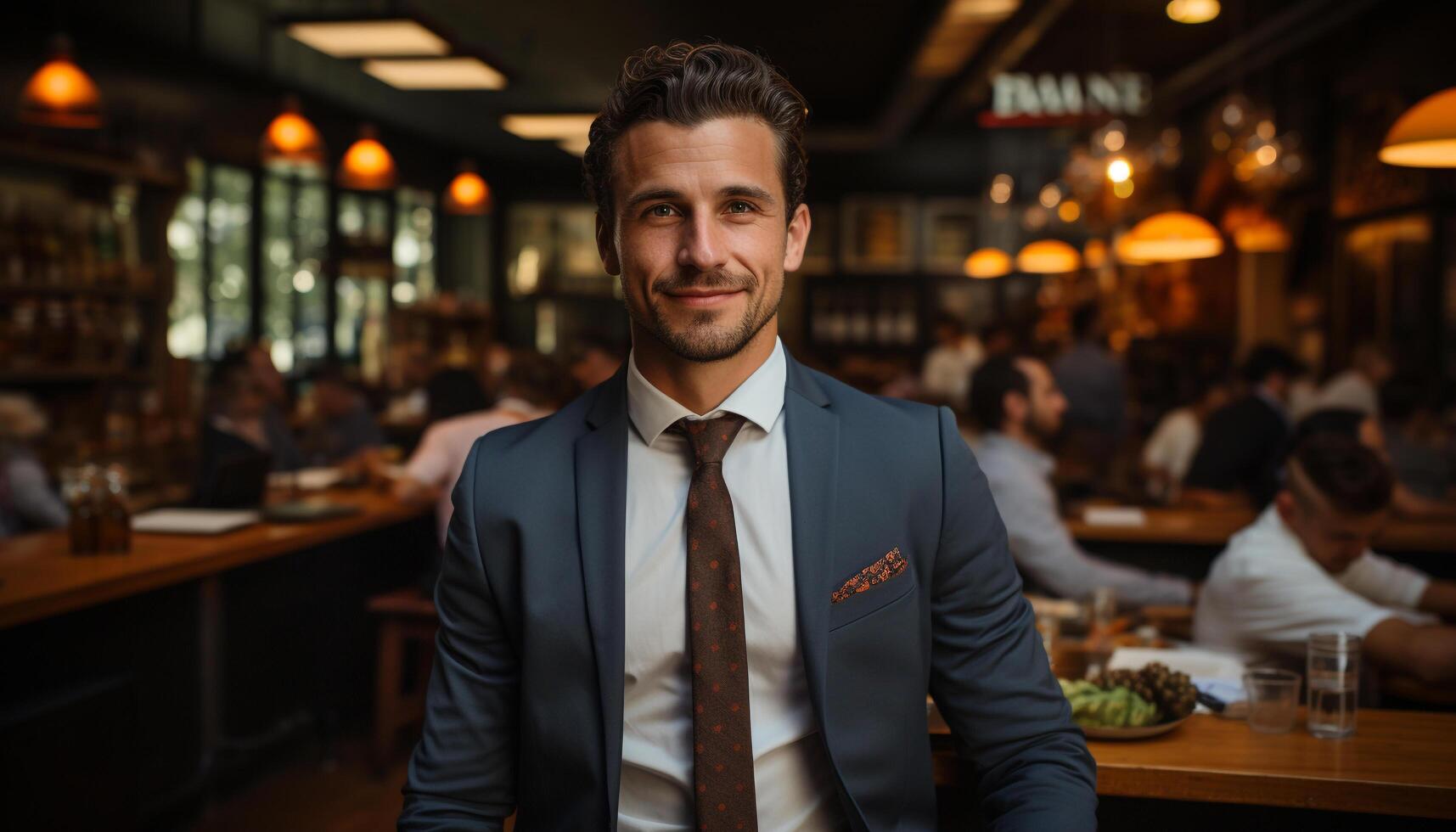 A confident businessman in a suit, smiling and looking at camera generated by AI photo