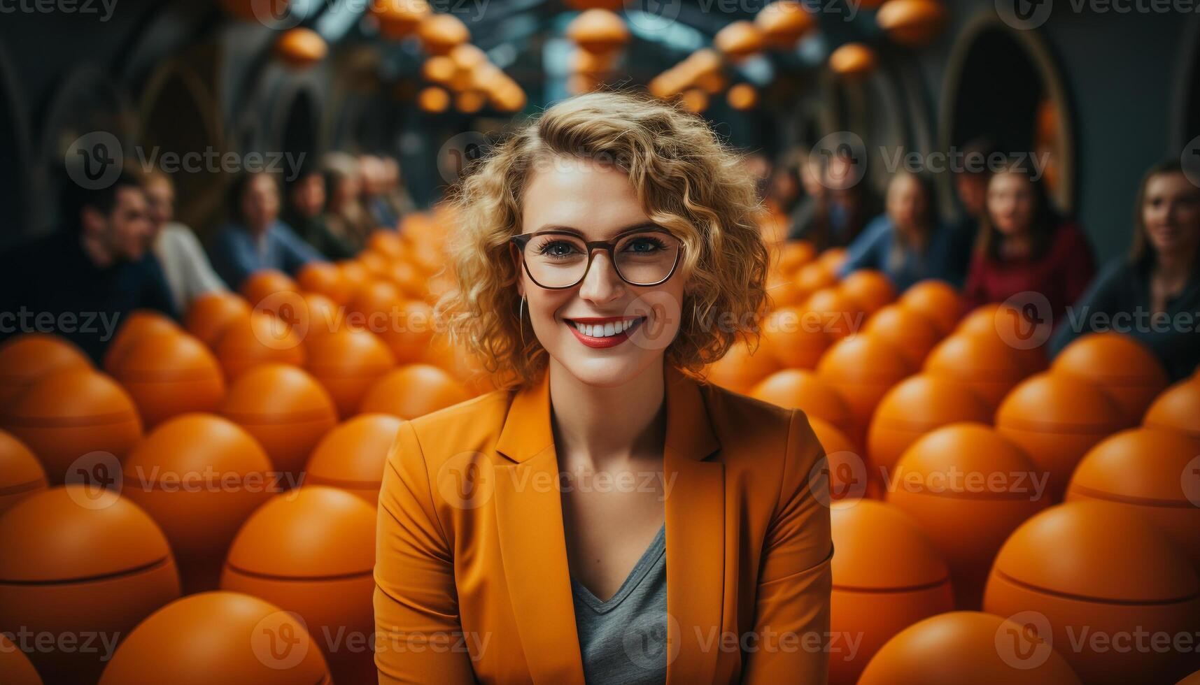 Smiling women looking at camera, happiness, cheerful indoors portrait generated by AI photo