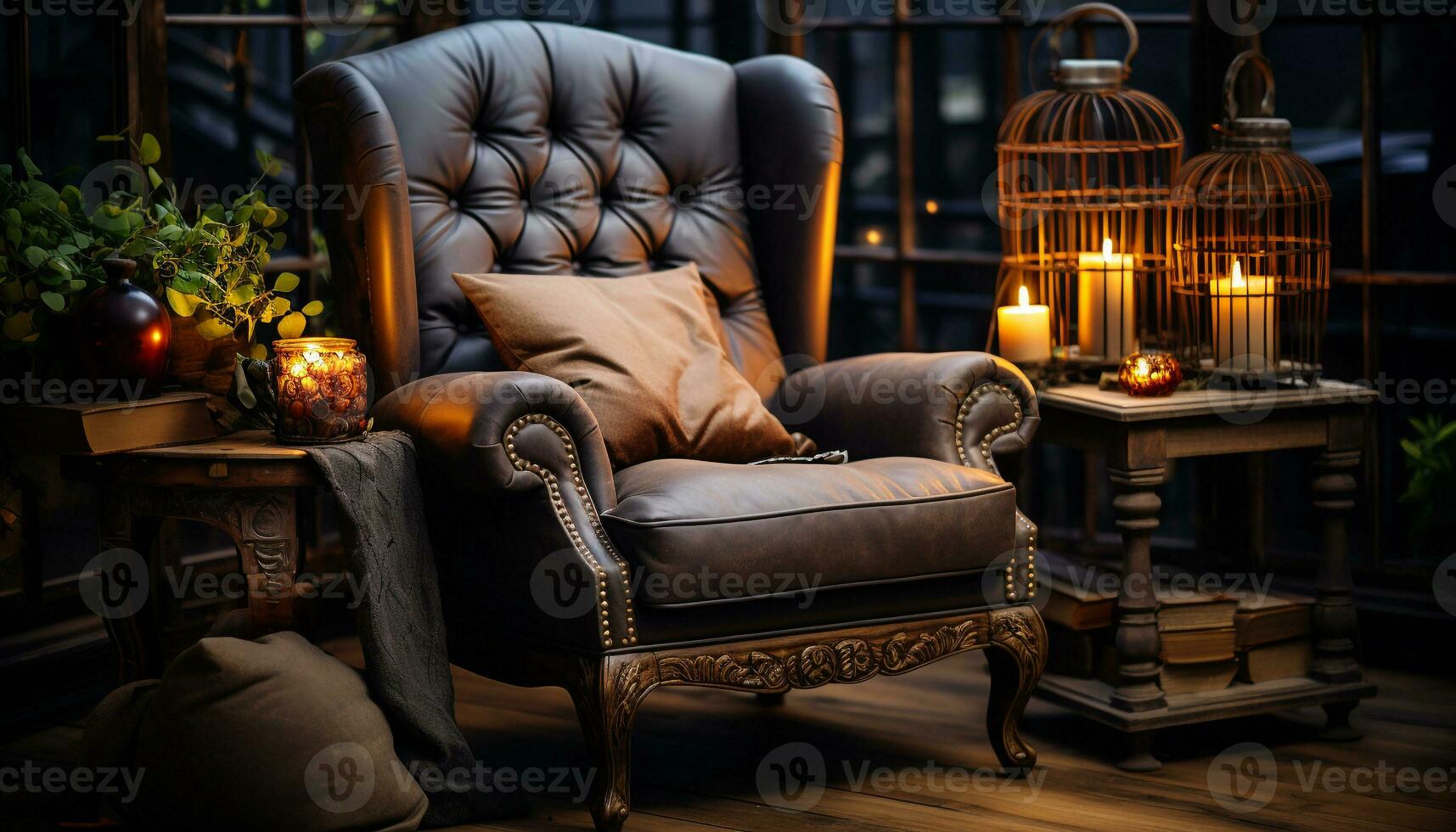 Cozy room with wood decor, comfortable chair, and illuminated lamp generated by AI photo