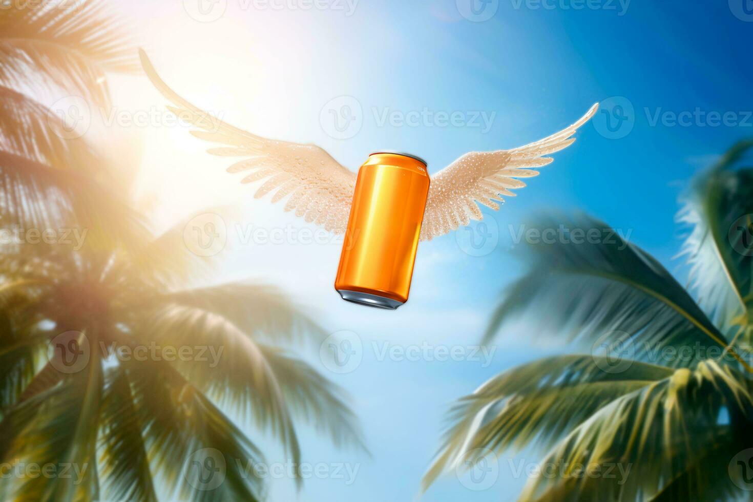 yellow can of beer with wings in the sky. light beer, Generative AI content, photo