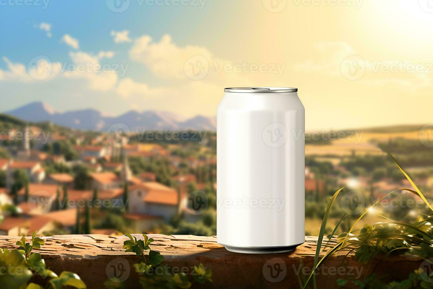 Mockup of a white aluminum can with a refreshing drink or beer. Beautiful summer background and sky. copy space. Generative AI content photo