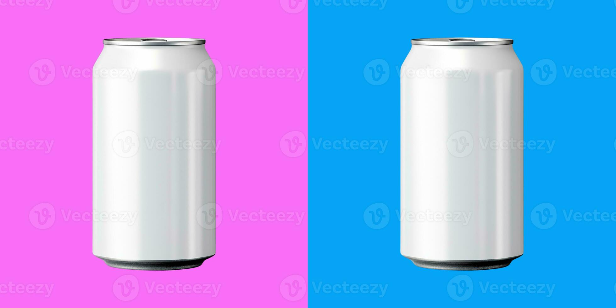 two aluminum white soda cans isolated on a pink and blue background. Beer can with edging. Generative AI content photo
