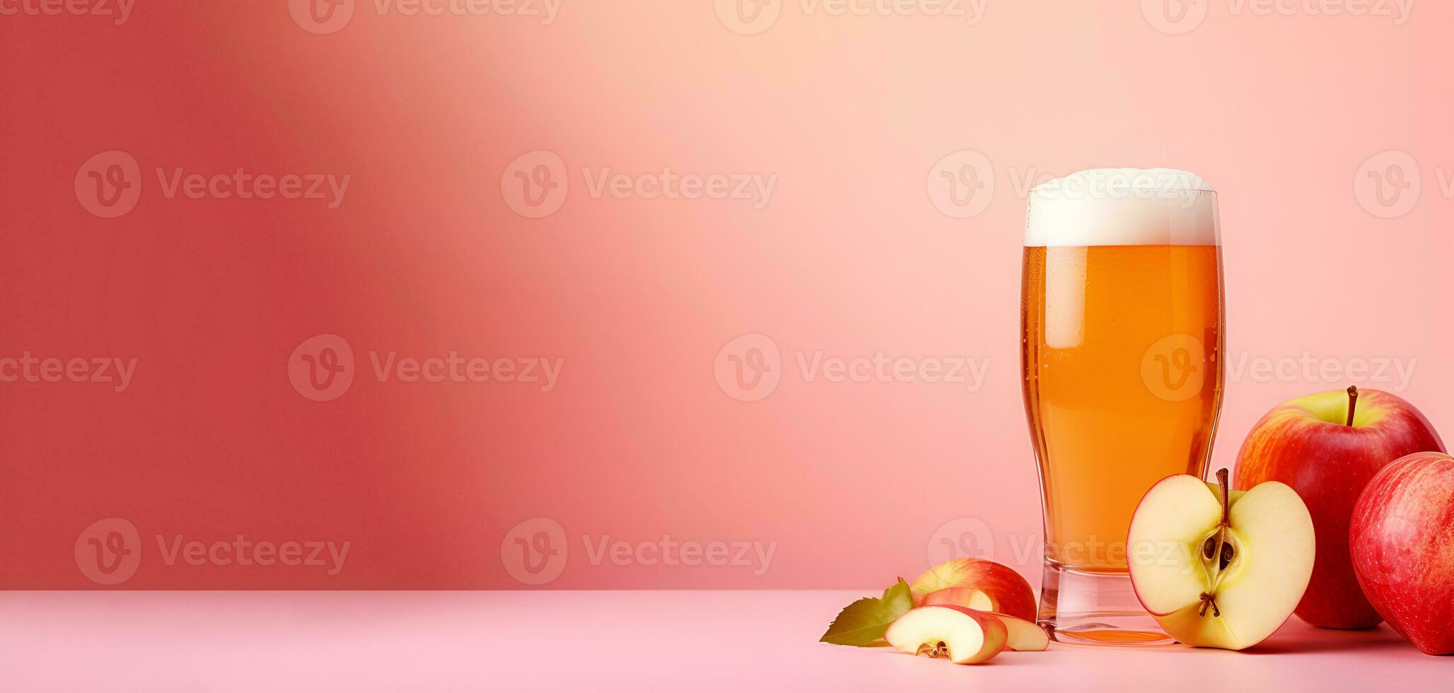 long banner, on a yellow background a glass of apple cider and apples. copy space for design. Generative AI content photo