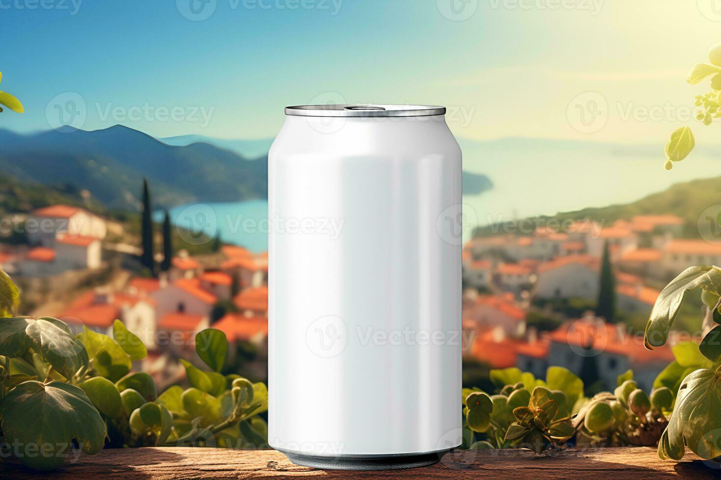 Mockup white aluminum can with refreshing drink or beer. Beautiful sea background and sky. copy space. Generative AI content photo