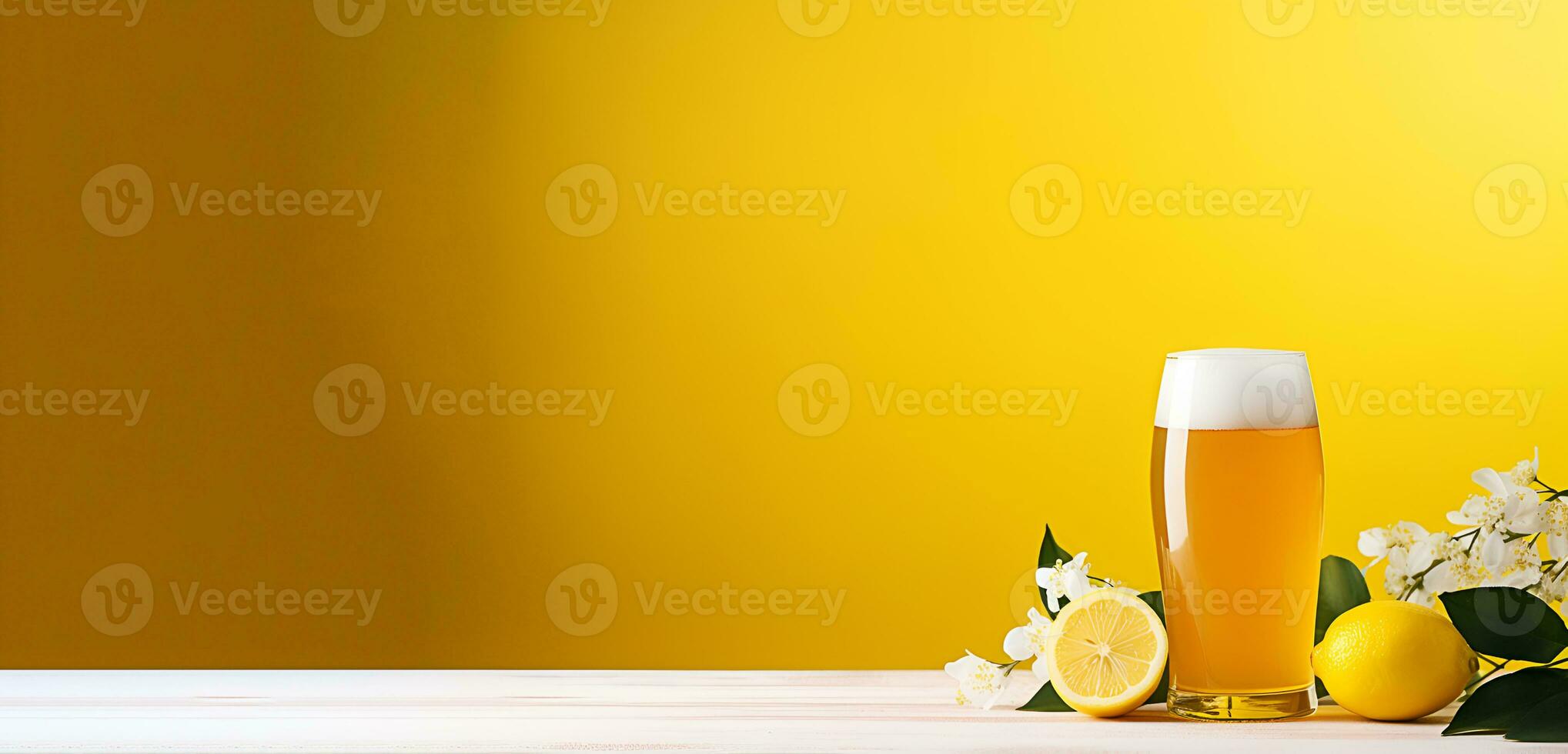 long banner, on a yellow background a glass with lemon cider and lemons. copy space for design. Generative AI content photo