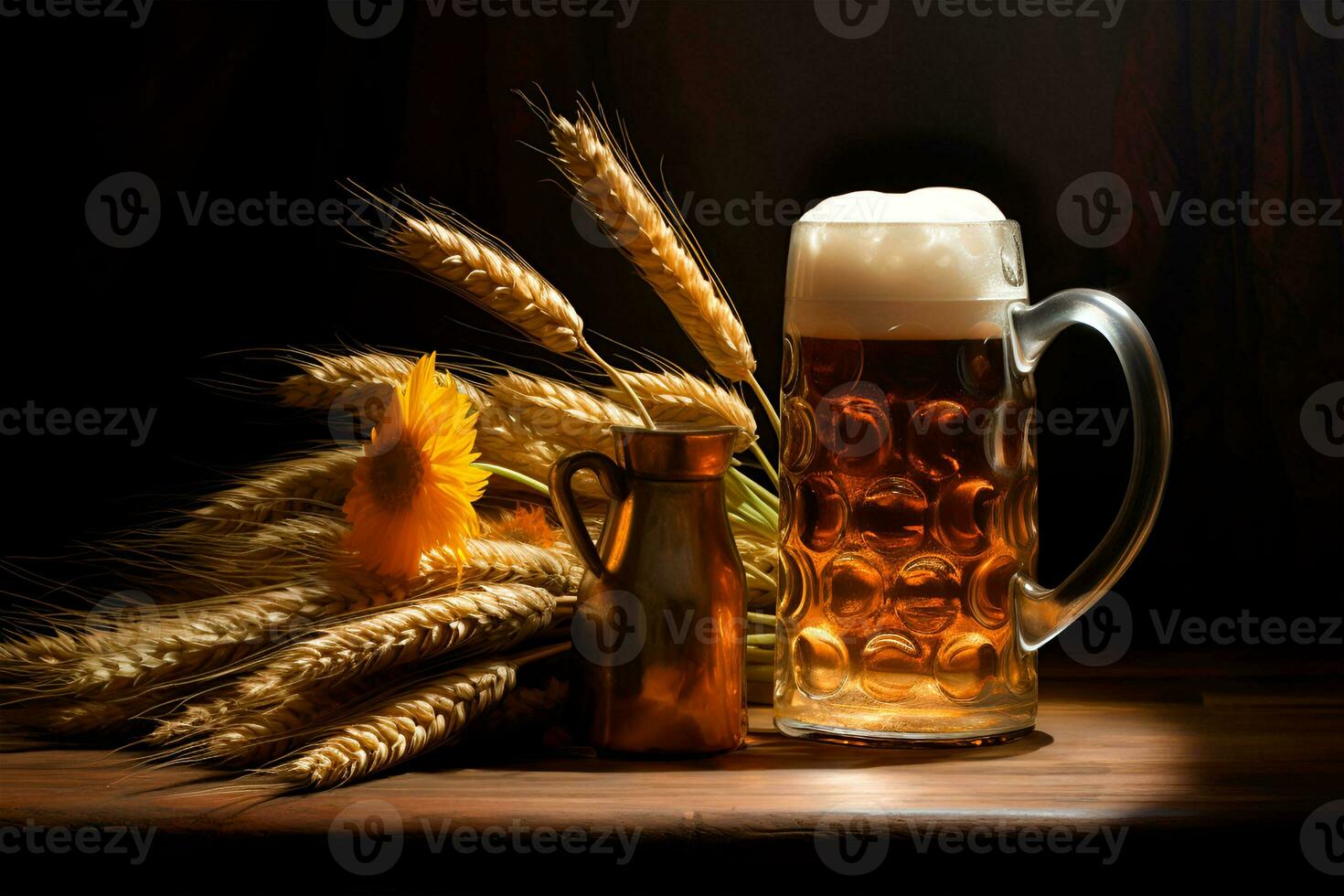 Beer in a jug with wheat and malt on a wooden table. Oktouberfest beer making festival, Generative AI content, photo