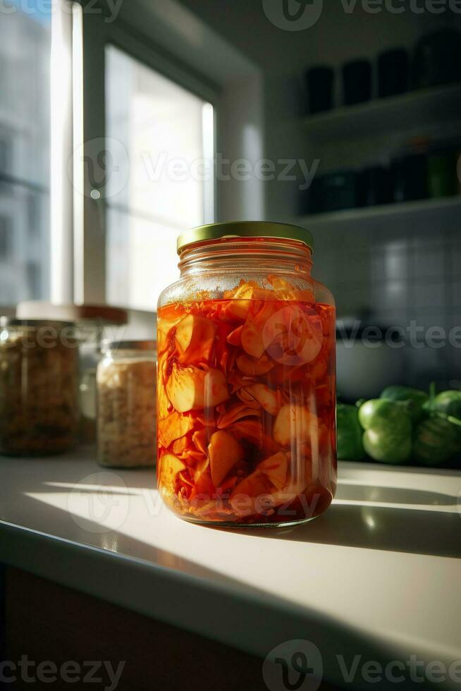 Homemade organic traditional Korean kimchi kale salad in a glass jar on the table. fermented vegetarian, canned food. Generative AI content, photo