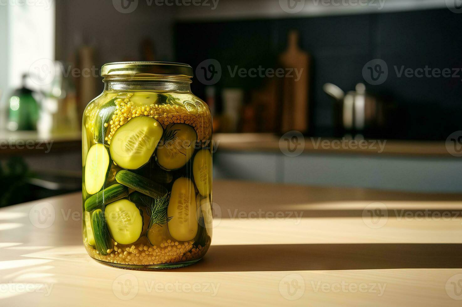 Jar with canned cucumbers and spices on a wooden board after cooking. Place for an inscription or advertising.  Generative AI content, photo