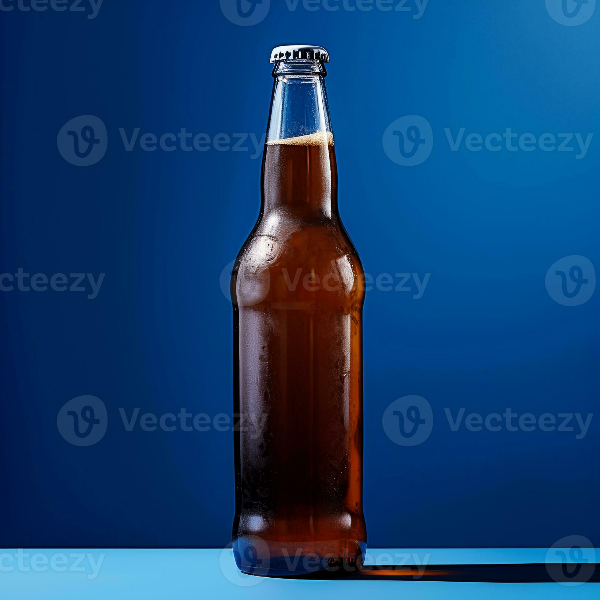 Mockup, bottle of beer without a label on a blue background. Generative