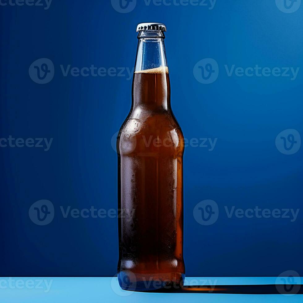 Mockup, bottle of beer without a label on a blue background. Generative AI content photo