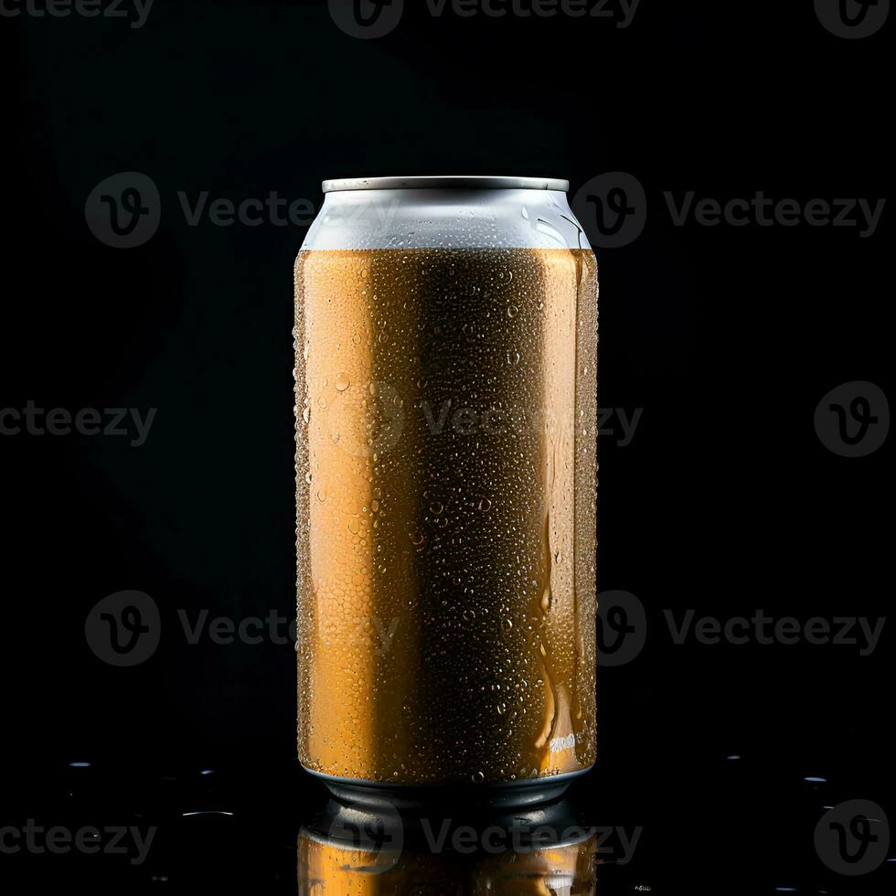 mockup, golden aluminum can on black background. Template for alcohol drink Generative AI content photo