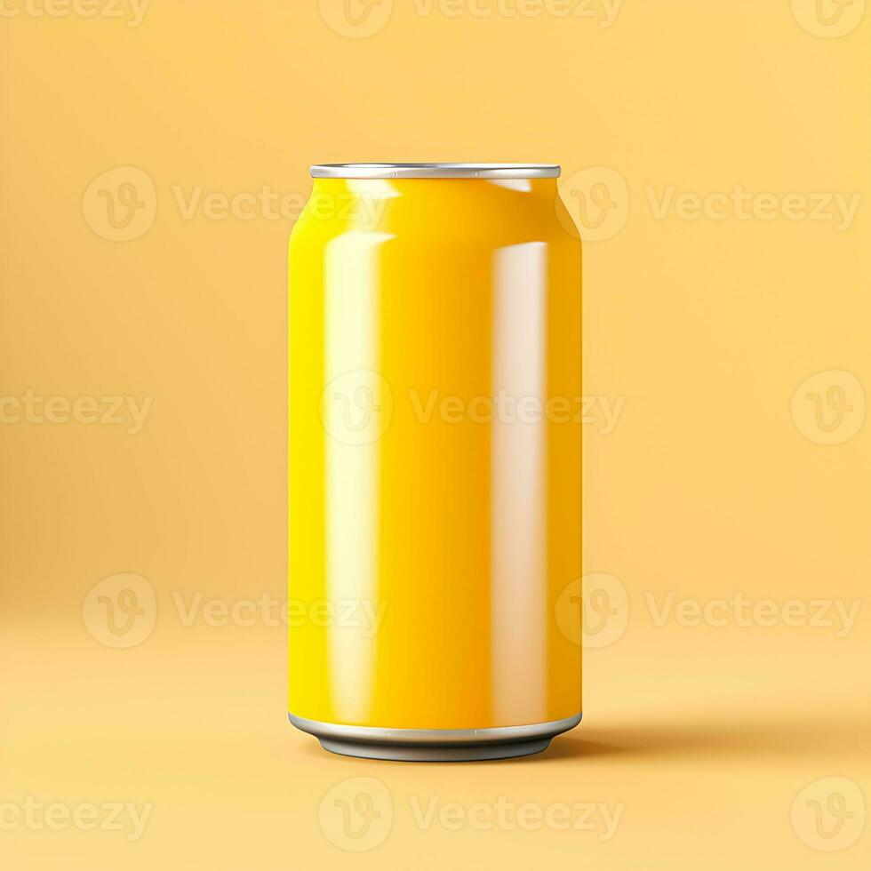 Yellow aluminum cans isolated on yellow background. Mockup for soda water, soft drinks concept, beer., Generative AI content, photo