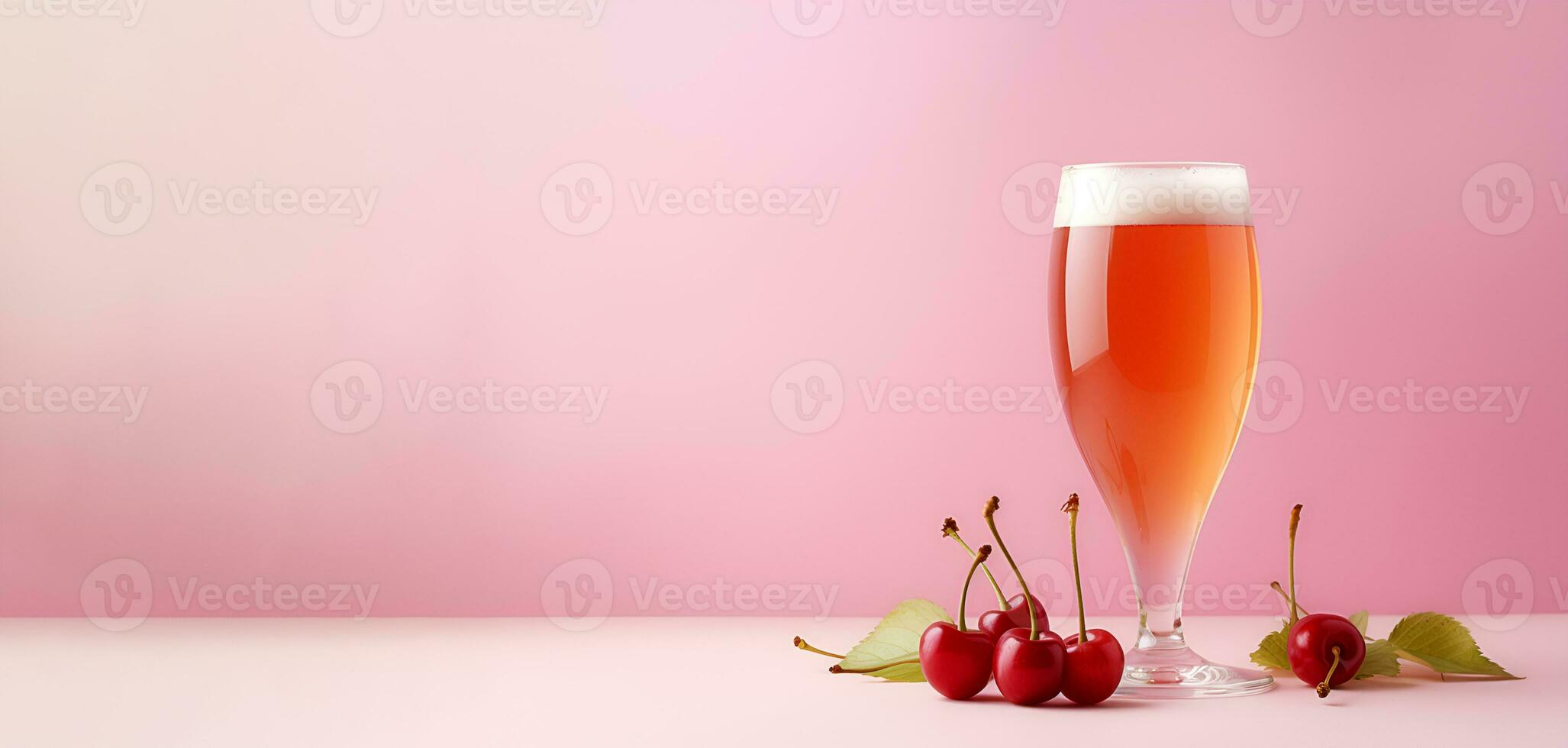 largo bandera, en un rosado antecedentes un vaso de Cereza sidra y un cereza. Copiar espacio para diseño. generativo ai contenido foto