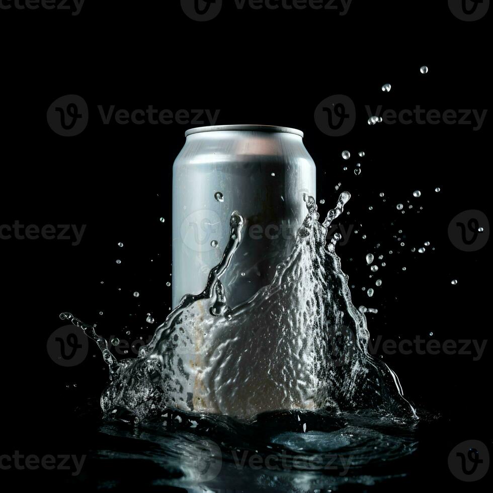 metal silver jar in water splashes on a dark background, Generative AI content, photo