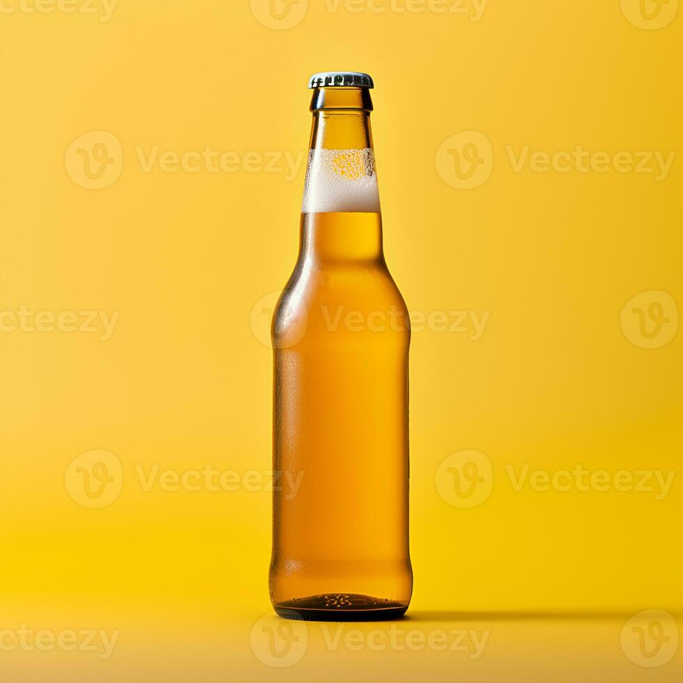 Mockup, a bottle of beer without a label on a yellow background. Generative AI content photo
