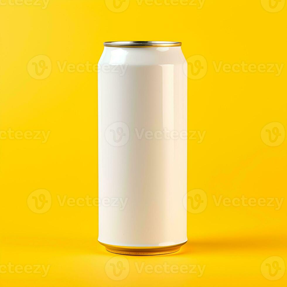 white aluminum cans isolated on yellow background. Mockup for soda water, soft drinks concept, beer., Generative AI content, photo