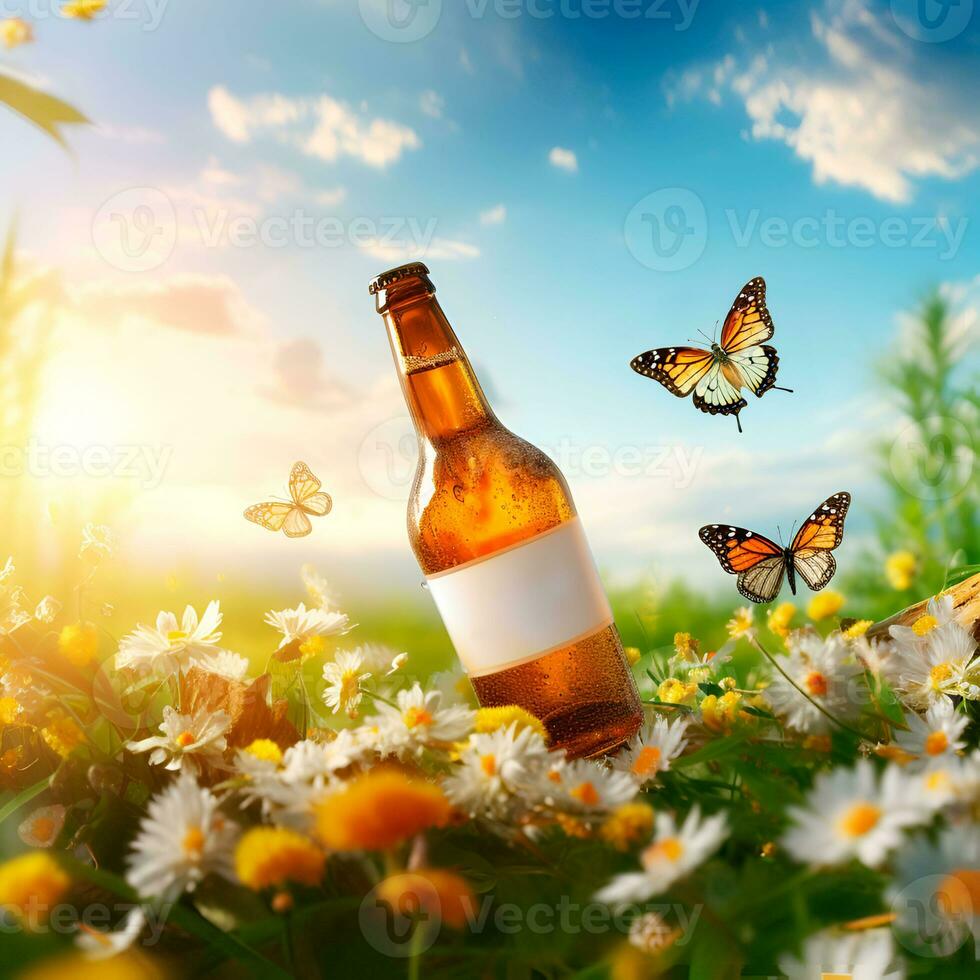 mockup label for light beer. A bottle of beer levitates in a chamomile field. around the butterfly, Generative AI content, photo