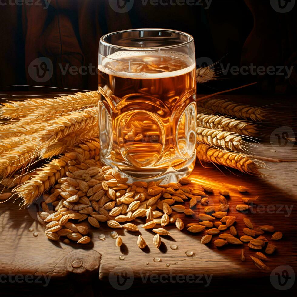 Beer in a jug with wheat and malt on a wooden table. Oktouberfest beer making festival, Generative AI content, photo