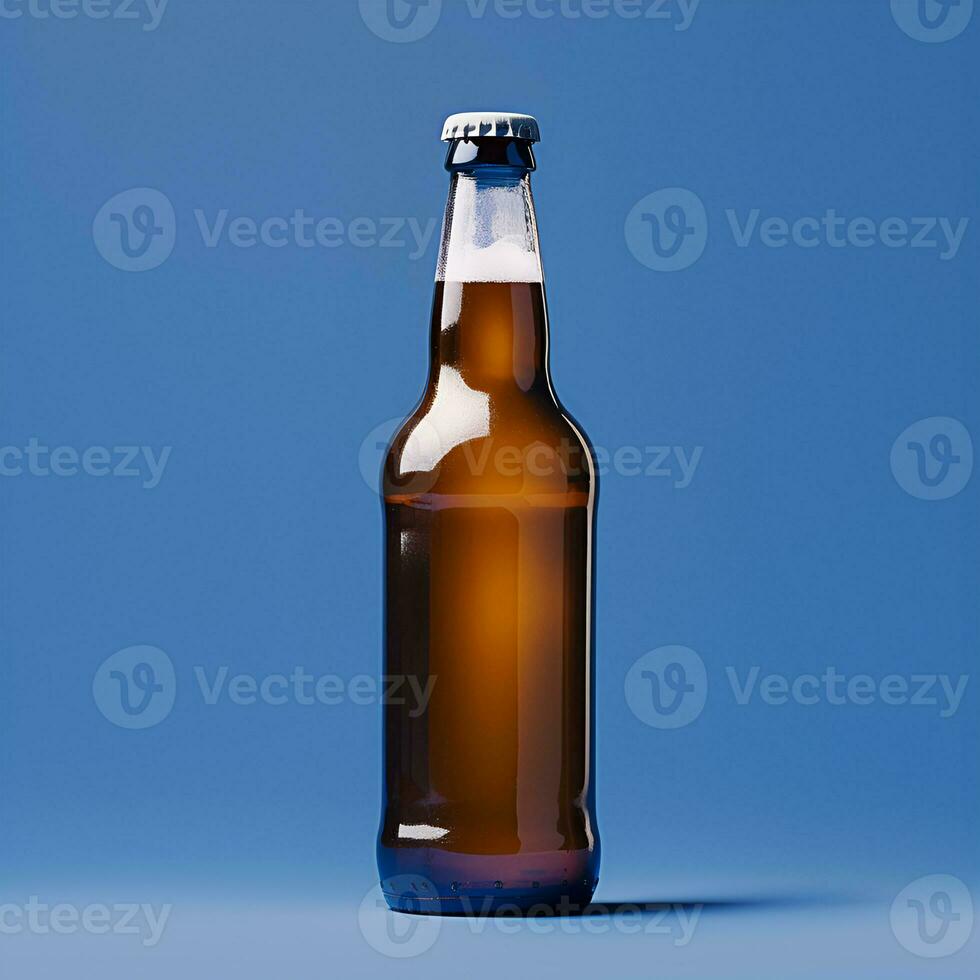 Mockup, bottle of beer without a label on a blue background. Generative AI content photo