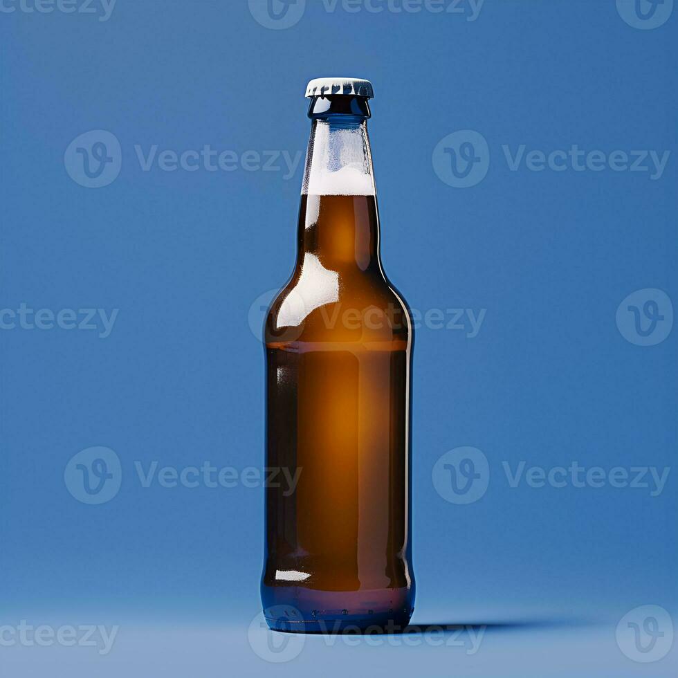 Bosquejo, botella de cerveza sin un etiqueta en un azul antecedentes. generativo ai contenido foto