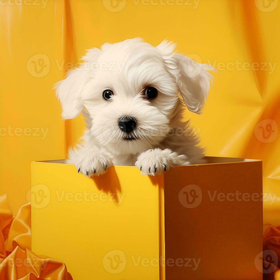 White cute puppy close-up in a yellow gift box, on a yellow background, for Christmas. Generative AI content photo