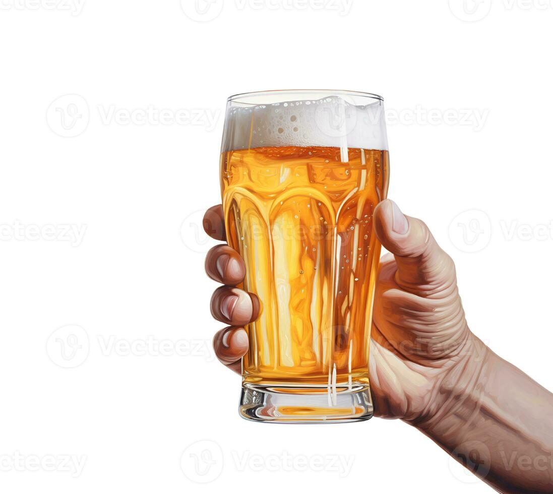 Generative AI content. Close-up of a man's hand holding a glass of beer on a white background, isolated object, copy space. photo