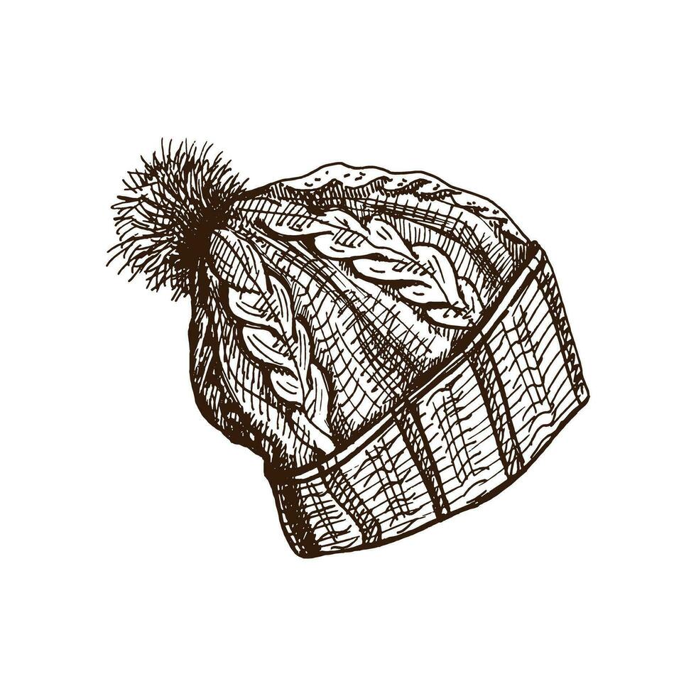 Hand-drawn sketch of knitted hat. Knitwear, handmade concept in vintage doodle style. Engraving style. vector