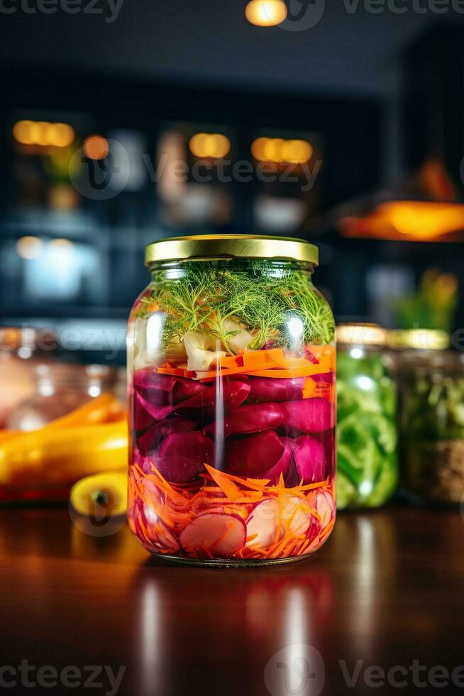 Jar of assorted brined lacto-fermented pickles on a wooden table with desaturated background. Generative AI content, photo