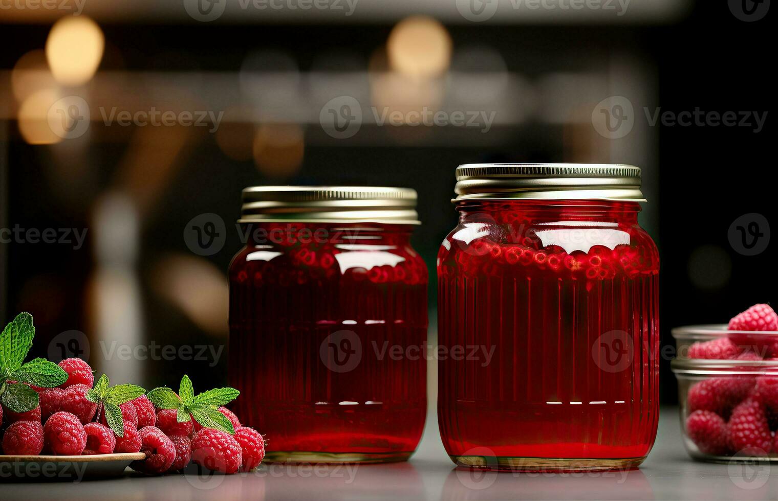 Jar of raspberry jam and fresh berries with leaves on a pine stump. Copy space. Generative AI content, photo
