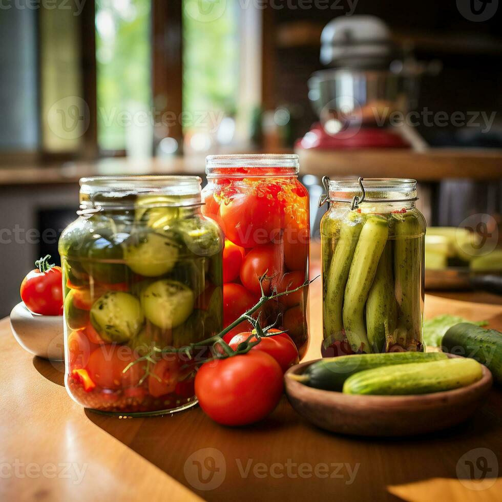 envase y fermentación de vegetales. en escabeche pepinos y Tomates en frascos en un brillante cocina cerca el ventana. generativo ai contenido, foto