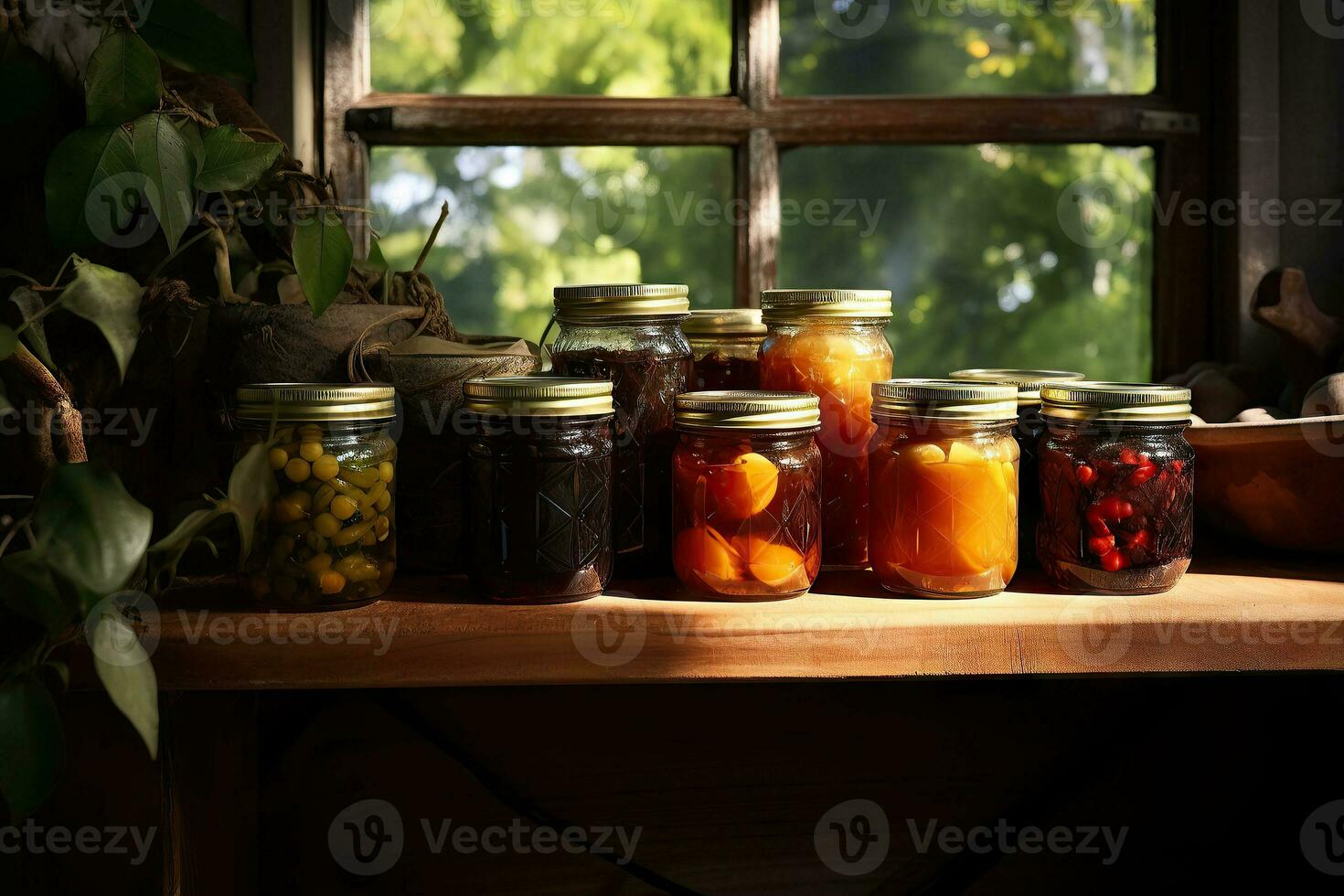 canning and fermentation of vegetables. Pickled cucumbers and tomatoes in jars in a bright kitchen near the window. Generative AI content, photo