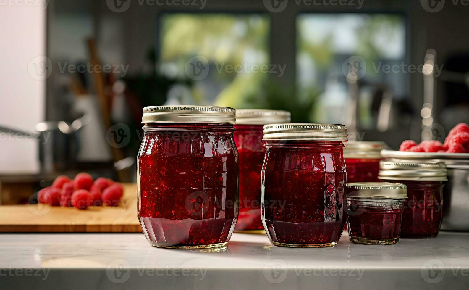 Raspberry jam with berry on wooden background photo