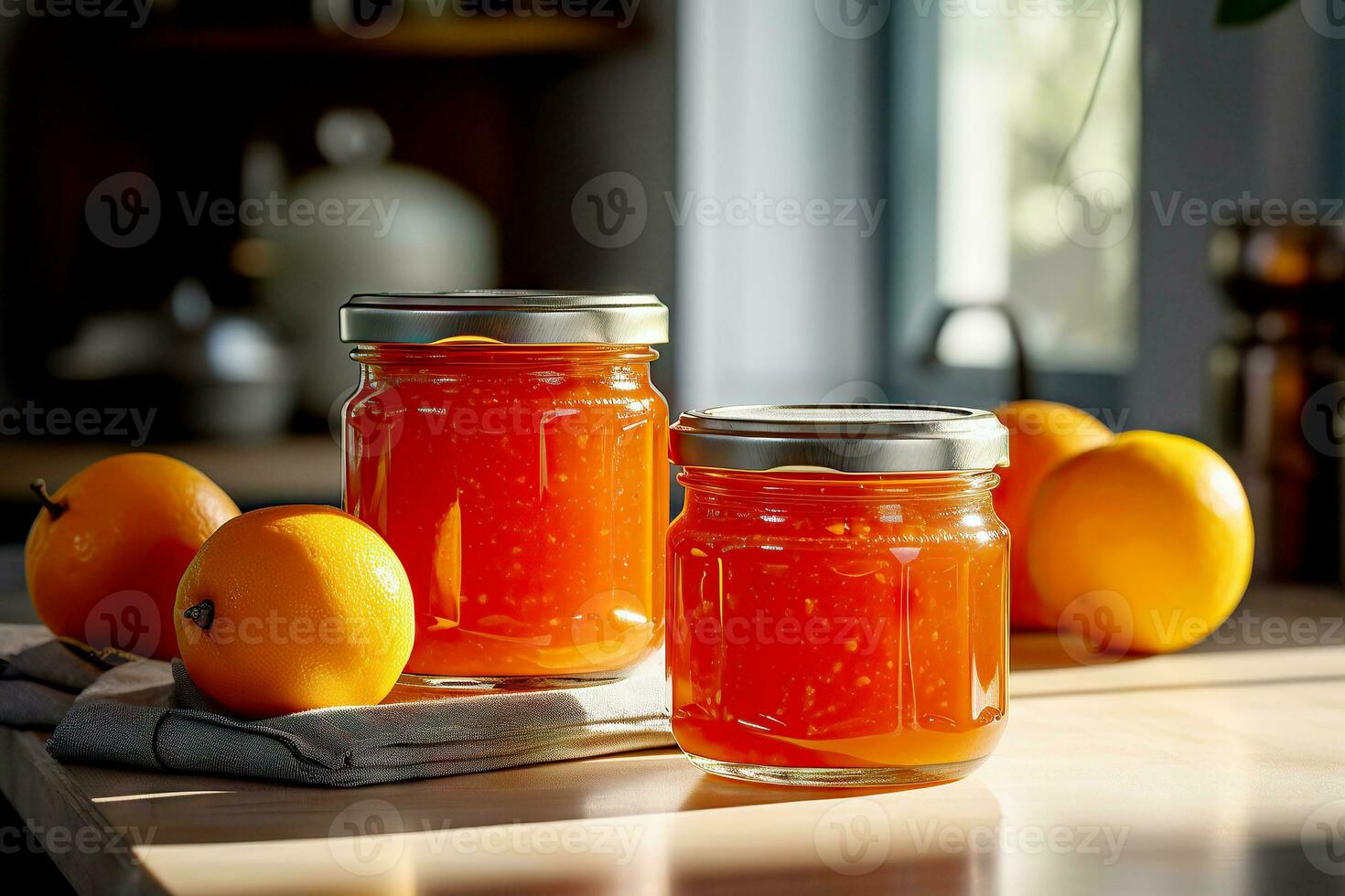 orange jam in a glass jar, fresh oranges on a gray concrete background. Generative AI content, photo