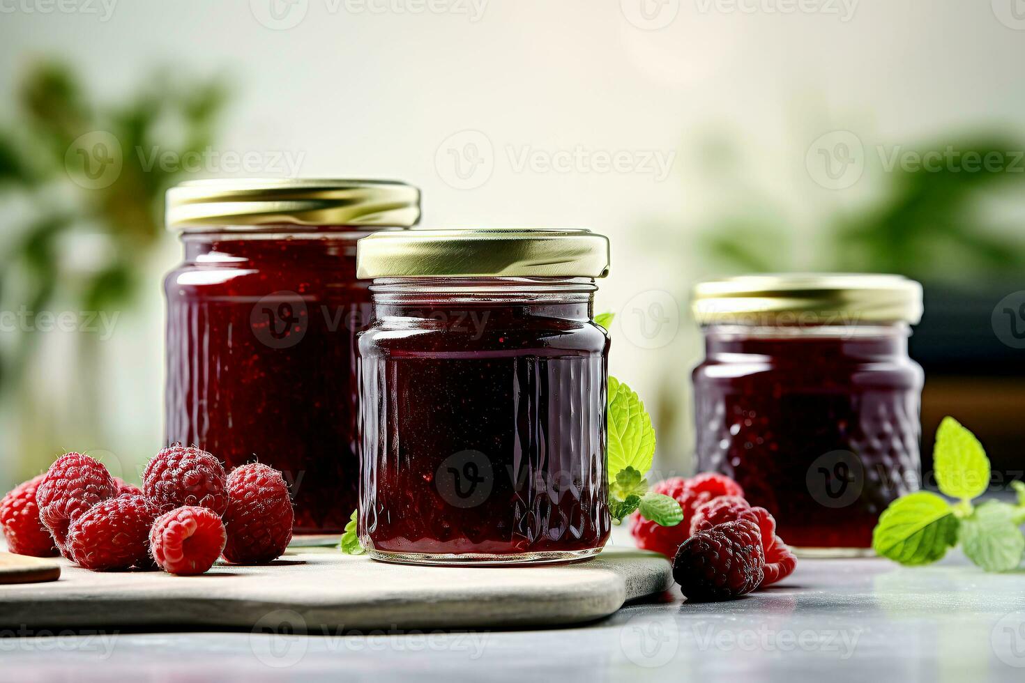 Raspberry jam with berry on light background. Homemade jam with raspberry. Generative AI content, photo