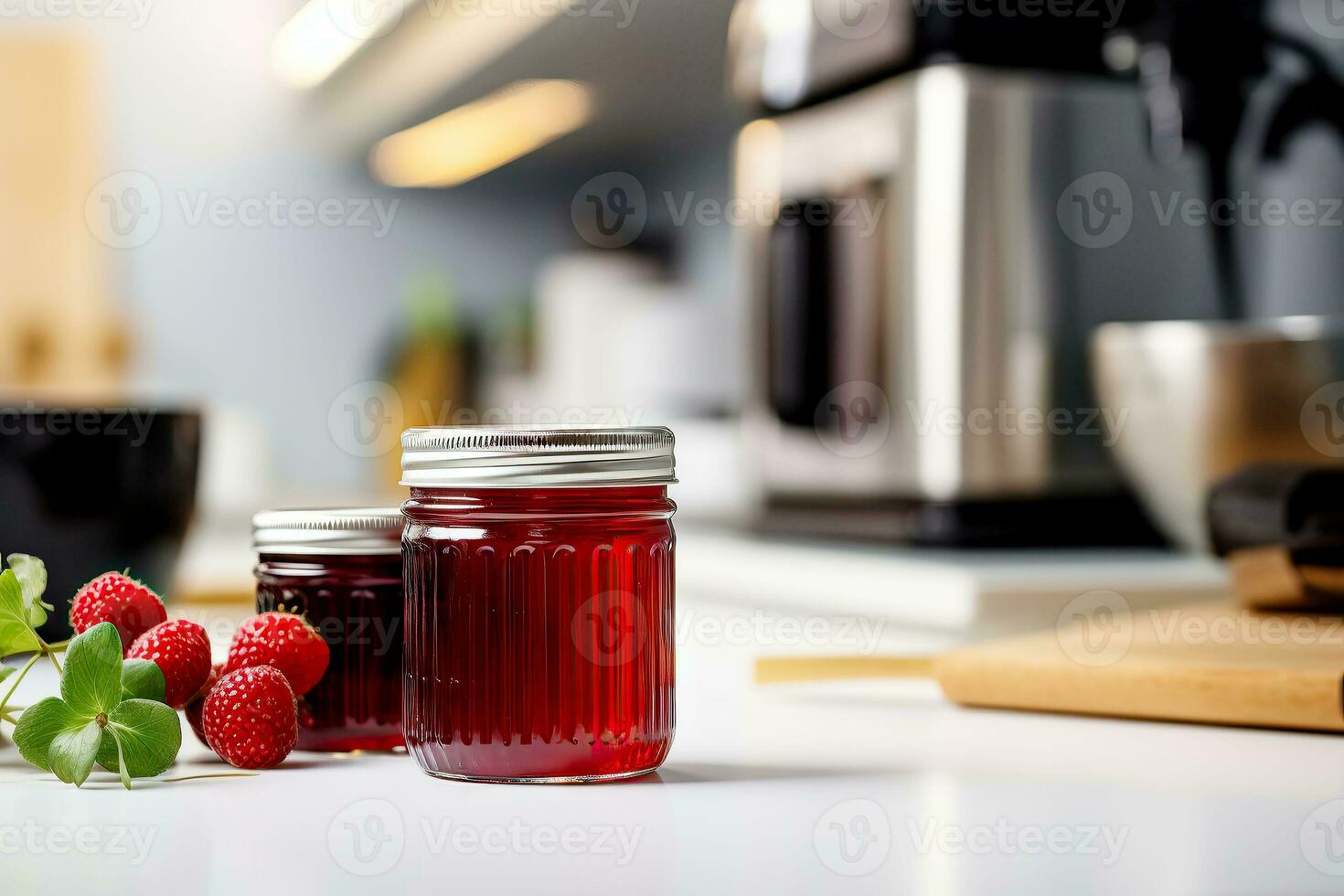 Jar of raspberry jam and fresh berries with leaves on a pine stump. Copy space. Generative AI content, photo