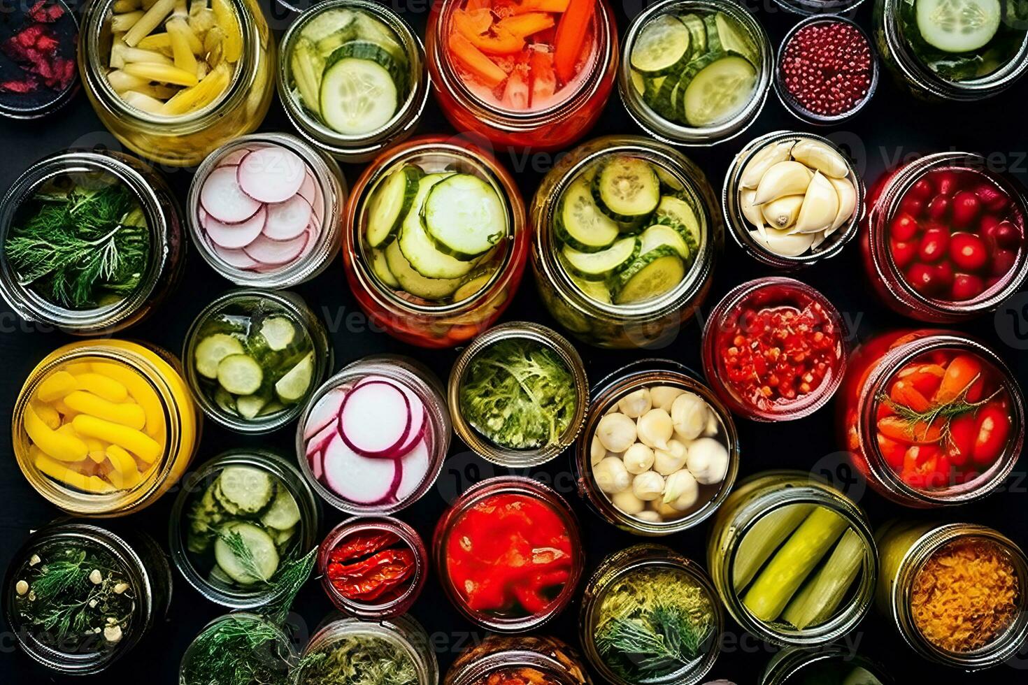 Fermented food overhead flat lay shot. Homemade vegetable preserves. Sauerkraut, pickles, kimchi etc in glass jars. Healthy probiotic diet Generated image photo
