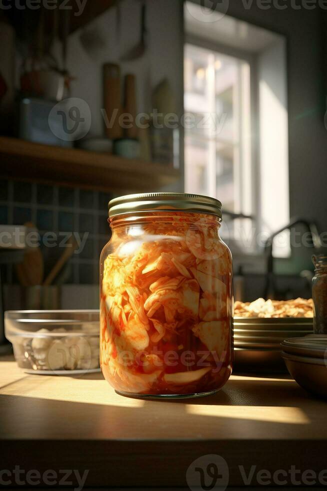 kimchi en un aislado vaso frasco. picante kimchi caliente fermentado napa repollo, tradicional jimchi, coreano invierno comida kimchi. generativo ai contenido, foto