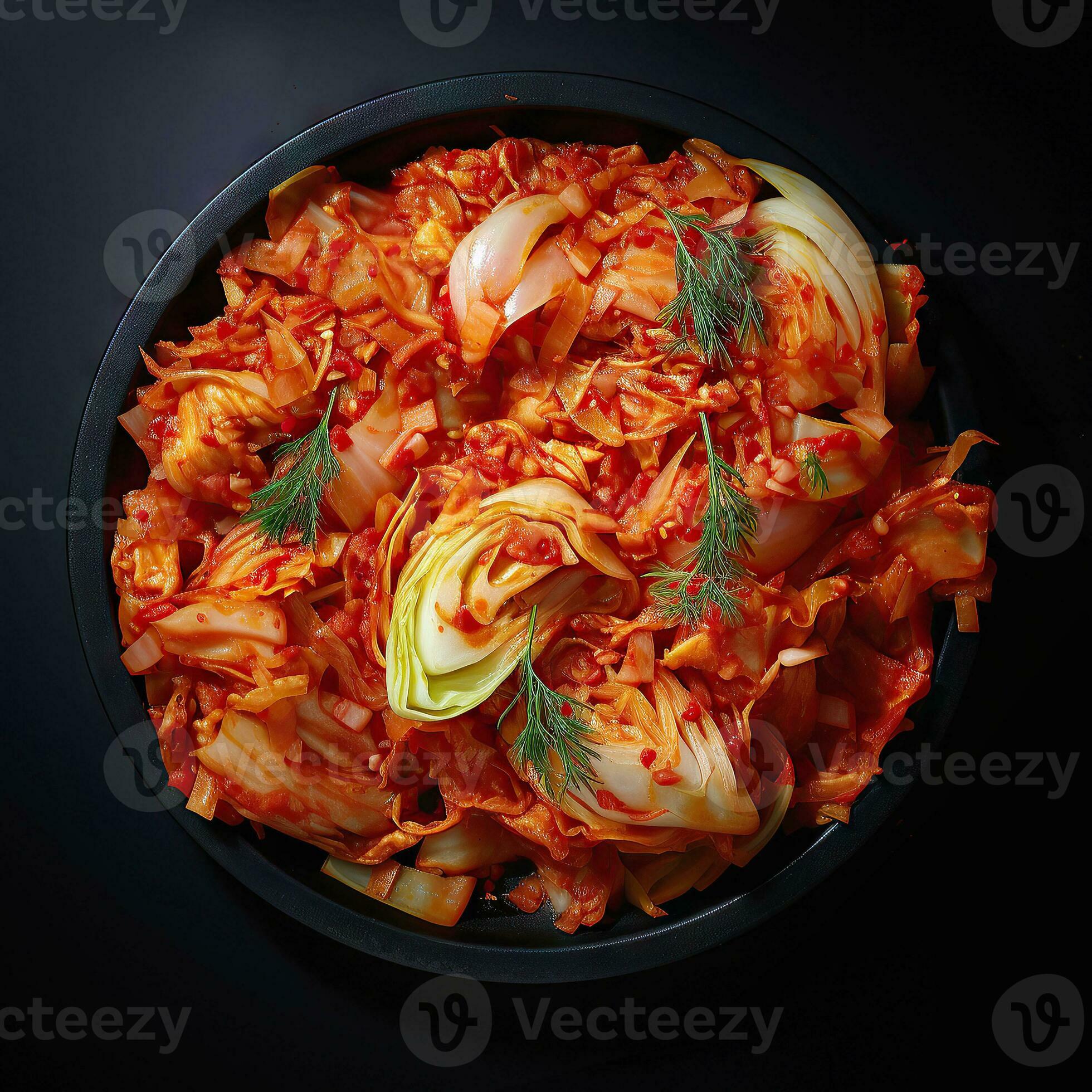 Kimchi cabbage on a plate traditional Korean food style, on a black